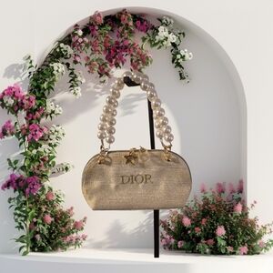Dior Beauty Gold Clutch with Pearl Handle and 2 Pull Zipper Star "CD" and CD NEW